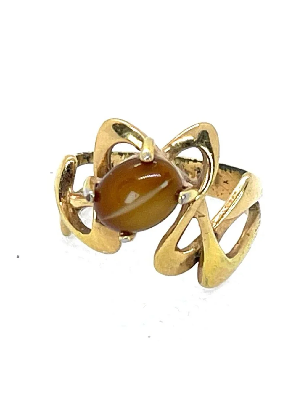 18KT HGE Tiger Eye Ring MCM Gold Plate 70s Open Loop Abstract Size 6.25 Vintage - Picture 9 of 11